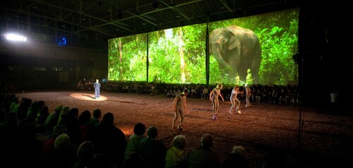 Performers on stage in front of a large projection of an elephant